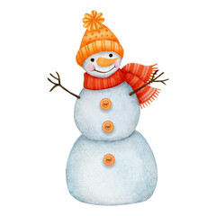 Watercolor illustration of a snowman isolated on a white background. 