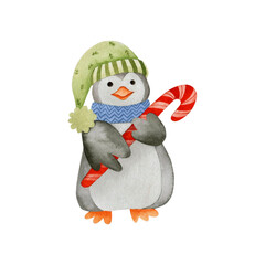 Watercolor illustration of a penguin isolated on a white background.