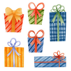 Set of Watercolor illustrations of gifts isolated on white background.