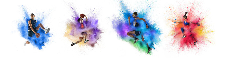 Collage made of portraits of fit men and woman in action, motion in explosion of paints and colorful powder. Sport, fashion, show concept