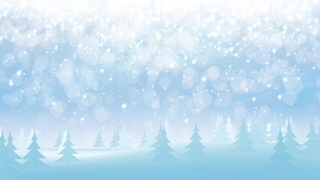 Animated Christmas background of a bright blue landscape with pine trees and sparkling snow 
