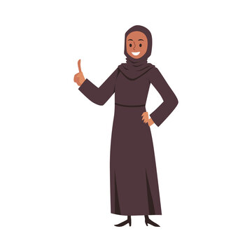 Arab muslim woman pointing up with finger, flat vector illustration isolated