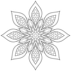 Decorative mandala with floral elements and natural patterns on a white isolated background. For coloring book pages.