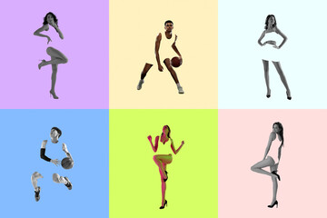 Modern design, contemporary art collage. Inspiration, idea, trendy magazine style. Sport. Set of images of athletes and fashion models on colored background.