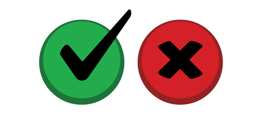 Check mark choice icons. Tick and x, confirm and deny circle icon button. Checkbox button for choose, circle answer box for checklist, approval sign.