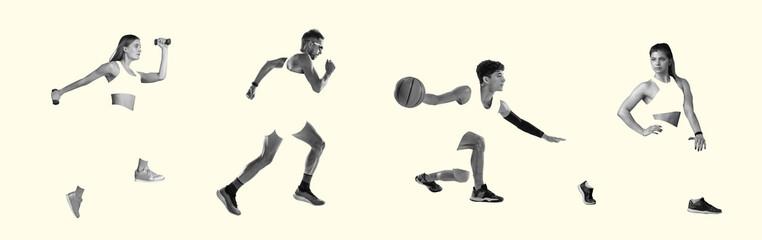 Fototapeta na wymiar Contemporary art collage. Inspiration, idea, trendy magazine style. Sport. Set of images of professional athletes on light background.