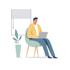 Male entrepreneur working with a laptop in a little office or home. Vector illustration.