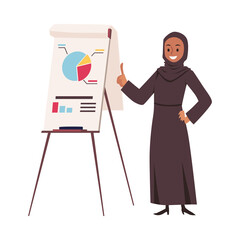 Muslim business woman makes presentation report, vector illustration isolated.