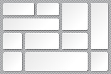 Set of blank paper banners with shadows on transparent background. Adhesive stickers, labels with rounded corners. Vector illustration.