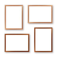 Realistic wooden picture frames with shadow isolated on white background. Blank poster mockup. Empty photo frame. Vector illustration.