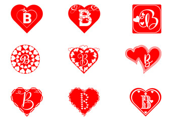 B letter logo with love icon, valentines day design template