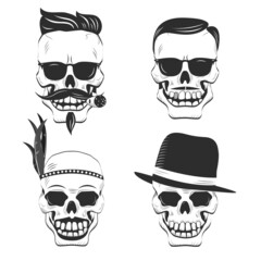 Retro skull characters with different haircuts,hat,cigar