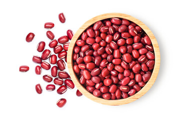 Red small Azuki beans (Adzuki or japanese red bean) in wooden bowl isolated on white background. Top view. Flat lay.