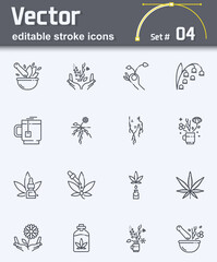 Set of vector phytotherapy amd medical herbs line icons. Editable stroke