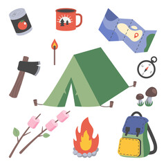 Camping and hiking set. Tourist items for vacation. Outdoor activity. Tent and bonfire. Isolated flat vector illustration.