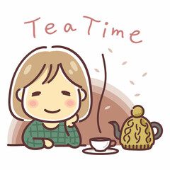 紅茶を楽しむ女性のイラスト