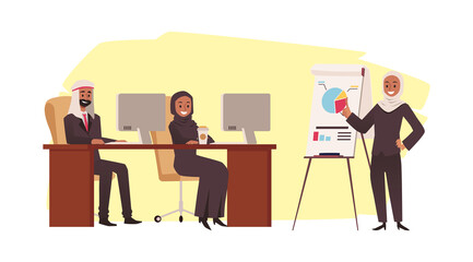 Muslim business men and women at presentation together, vector illustration.