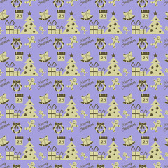 Obraz premium Seamless pattern with Christmas ornament and Merry Christmas lettering