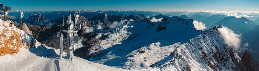 High resolution summer panorama at the famous Zugspitze summit, top of Germany, near Ehrwald,...