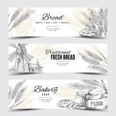 Horizontal banners with spikelets, bread, flour, mill for bakery decoration - obrazy, fototapety, plakaty