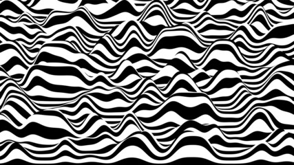 Trendy 3D black and white stripes distorted backdrop. Procedural ripple background with optical illusion effect