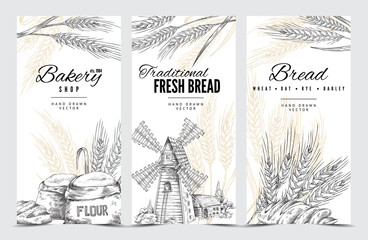 Vertical vintage banners for bakery design in sketch vector illustration - obrazy, fototapety, plakaty