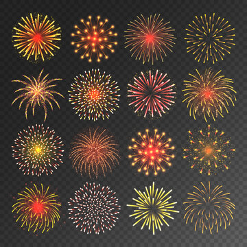 Colorful festive fireworks collection. Realistic yellow firework, sparkling fire burst. Bursting firecracker rockets. Christmas or New Year celebrating. Vector illustration.