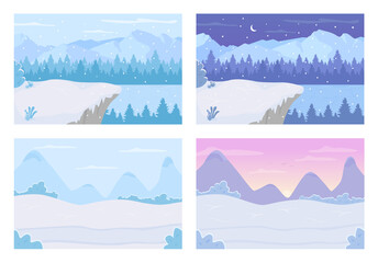 Winter day and night land flat color vector illustration set. Frozen lake in daytime. Meadow hills during sunset. Scenic nature. Seasonal 2D cartoon landscape with snow on background collection