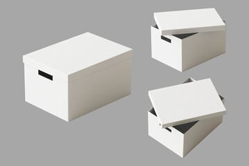 Blank white Closed and open cardboard boxes  with slotted hand holes mockup for storage or other purpose isolated on white background. 3d rendering.