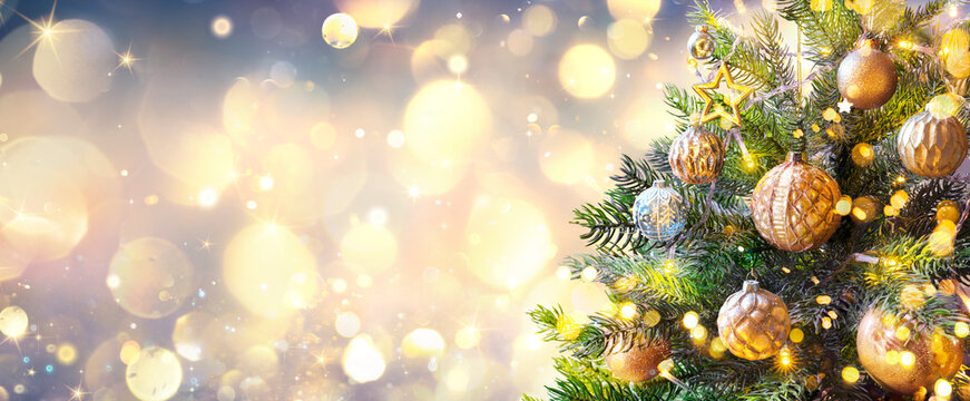 Christmas Tree In Golden Sparkle Background - Shiny Balls With Vintage Defocused Abstract Lights