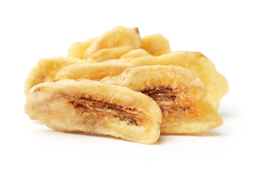 Banana chips on white background