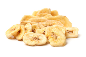 Banana chips on white background
