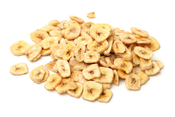 Banana chips on white background