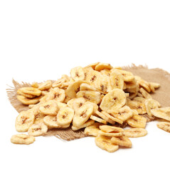 Banana chips on white background
