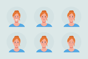 Redhead woman with different emotions semi flat color vector character avatar set. Portrait from front view. Isolated modern cartoon style illustration for graphic design and animation pack