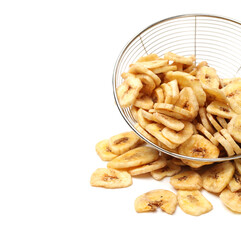 Banana chips on white background