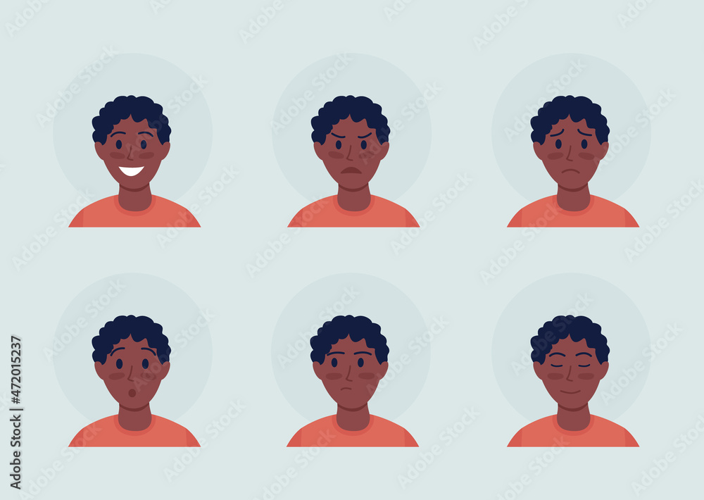 Poster boy with emotional expressions semi flat color vector character avatar set. portrait from front view