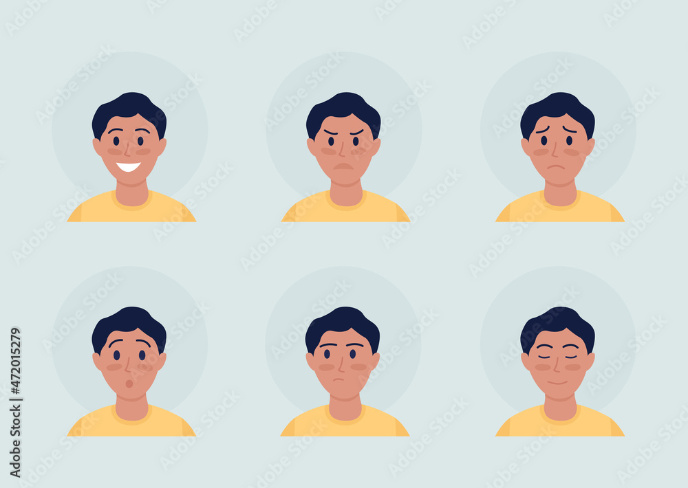 Poster boy with different emotions semi flat color vector character avatar set. casual style. portrait from