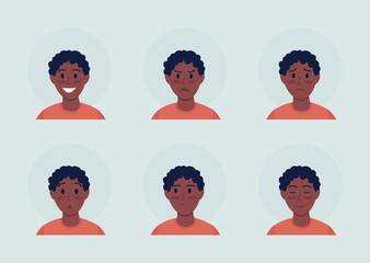 Boy with emotional expressions semi flat color vector character avatar set. Portrait from front view. Isolated modern cartoon style illustration for graphic design and animation pack
