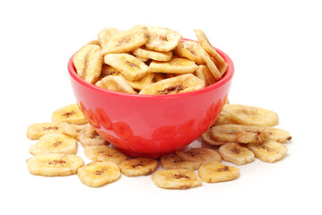Banana chips on white background