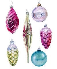 Set of watercolor illustrations: vintage glass Christmas  decorations: balls, cones, icicle. Hand-drawn Xmas or New Year decoration