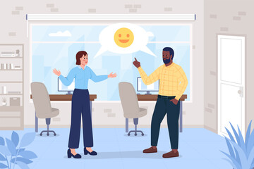 Happy coworkers conversation flat color vector illustration. Good communication skills in work team. Colleagues 2D cartoon characters with corporate workplace interior on background