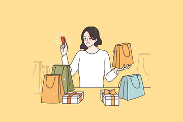 Shopping with credit card concept. Smiling asian woman standing with many shopping bags holding red credit card in hand feeling positive vector illustration 