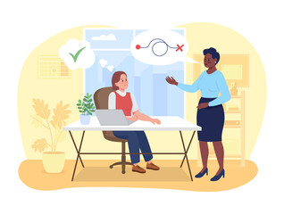 Set clear goal at work 2D vector isolated illustration. Boss explain strategy to manager. Happy coworkers flat characters on cartoon background. Corporate workplace colourful scene