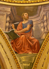 FORLÍ, ITALY - NOVEMBER 11, 2021: The fresco of prophet Daniel in cupola of Cattedrala di Santa Croce by Giovanni Secchi (1876 - 1950). - obrazy, fototapety, plakaty