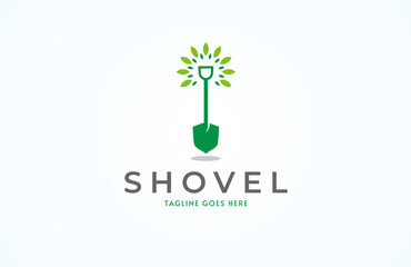 Shovel logo, simple shovel with green leaves combination, usable for gardening and business logo design, flat design logo template, vector illustration