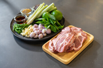 Raw Pork and herb ingredients, preparation for Cooking in Thai food menu.