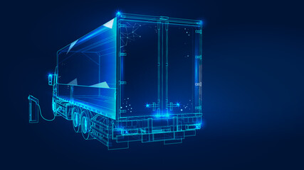 Polygonal 3d truck with oil Car Charging Stat in dark blue background. Online cargo delivery service, logistics or tracking app concept. Abstract vector illustration of online freight delivery service