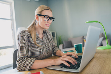 Photo of focused manager agent executive ceo lady sit desk use app netbook prepare economy review...