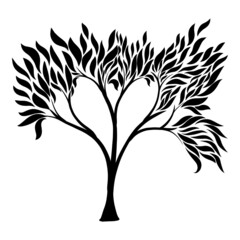 beautiful tree with branches creating the shape of a heart, black pattern on a white background